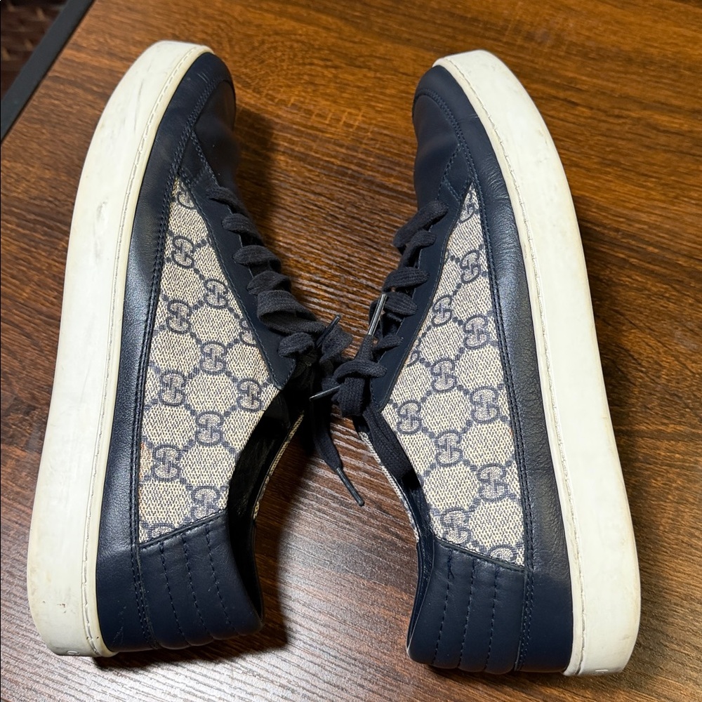 Gucci Navy Blue and Beige GG Canvas Lace-Up Sneakers